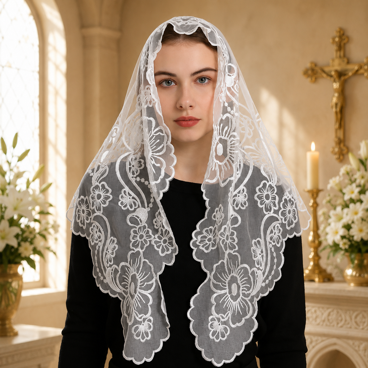 Velo o Mantilla de Color Blanco Diseño de la Virgen - Imagen 3