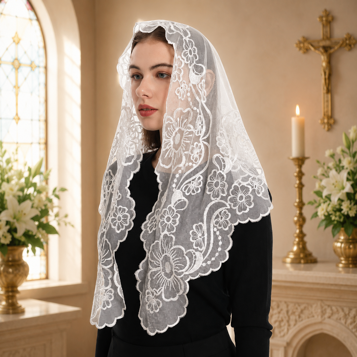 Velo o Mantilla de Color Blanco Diseño de la Virgen - Imagen 2
