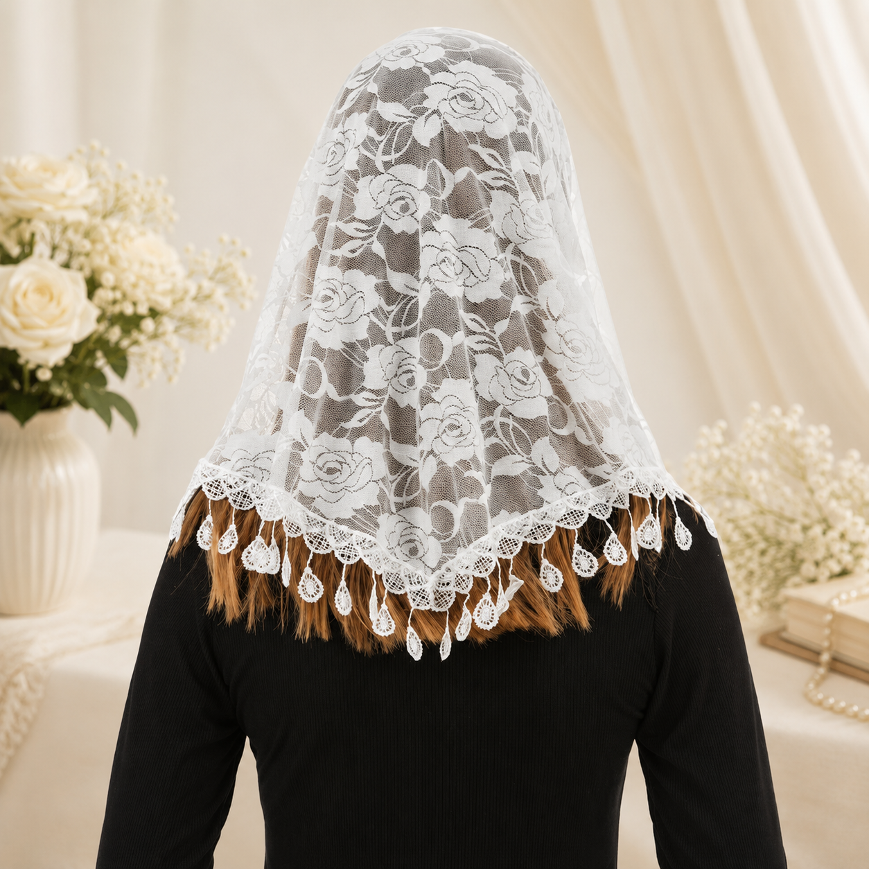 Velo o Mantilla de Color Blanco con Borlas