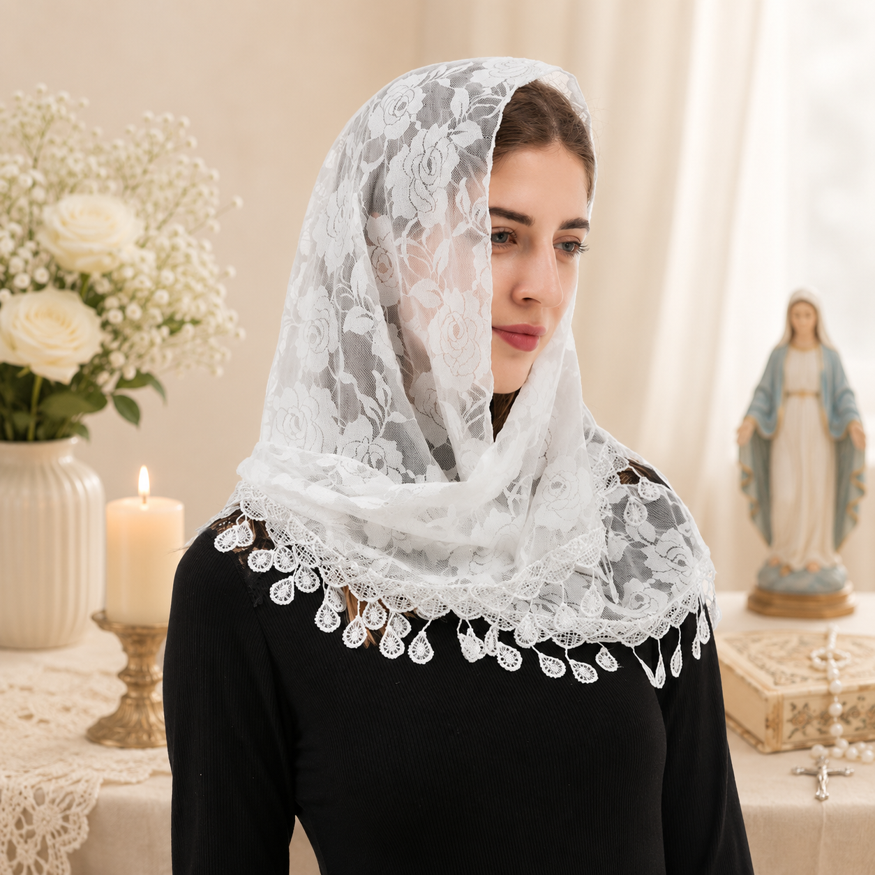 Velo o Mantilla de Color Blanco con Borlas - Imagen 3