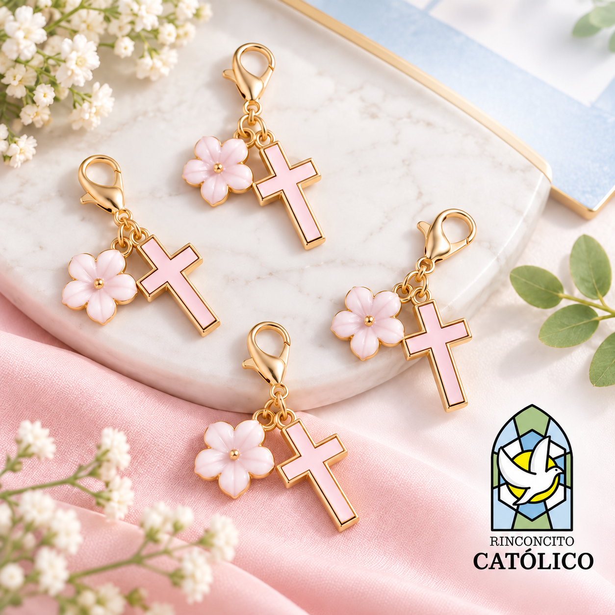 Llaveros Mini de Cruz con Flor - Imagen 2